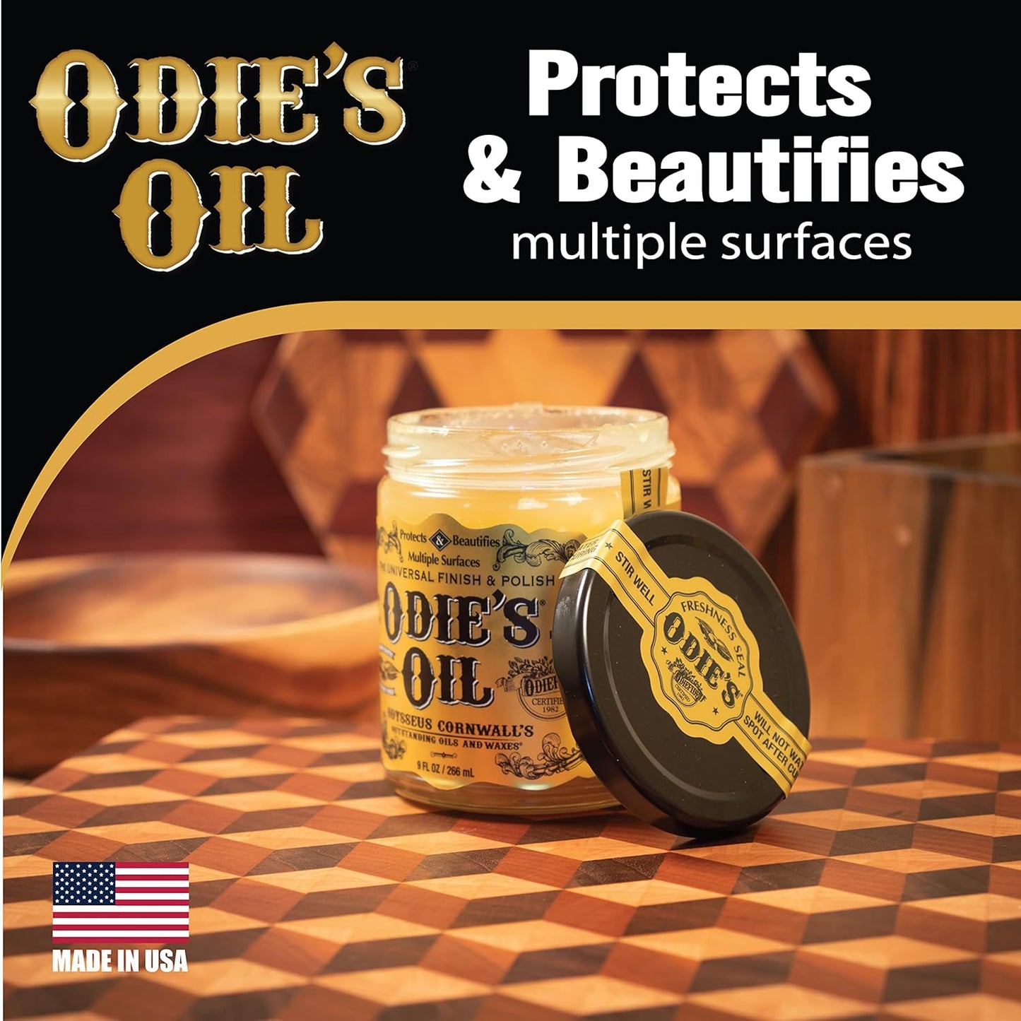 Odie's Oil • Universal Finish for Wood • Leather • Plastic • Vinyl • Metal and More • 9 Ounce Glass Jar • Food Safe and Solvent Free Non Toxic Finish
