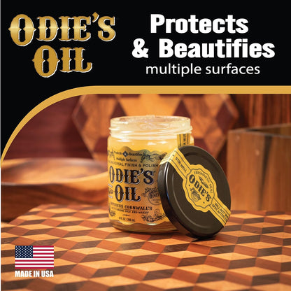 Odie's Oil • Universal Finish for Wood • Leather • Plastic • Vinyl • Metal and More • 9 Ounce Glass Jar • Food Safe and Solvent Free Non Toxic Finish