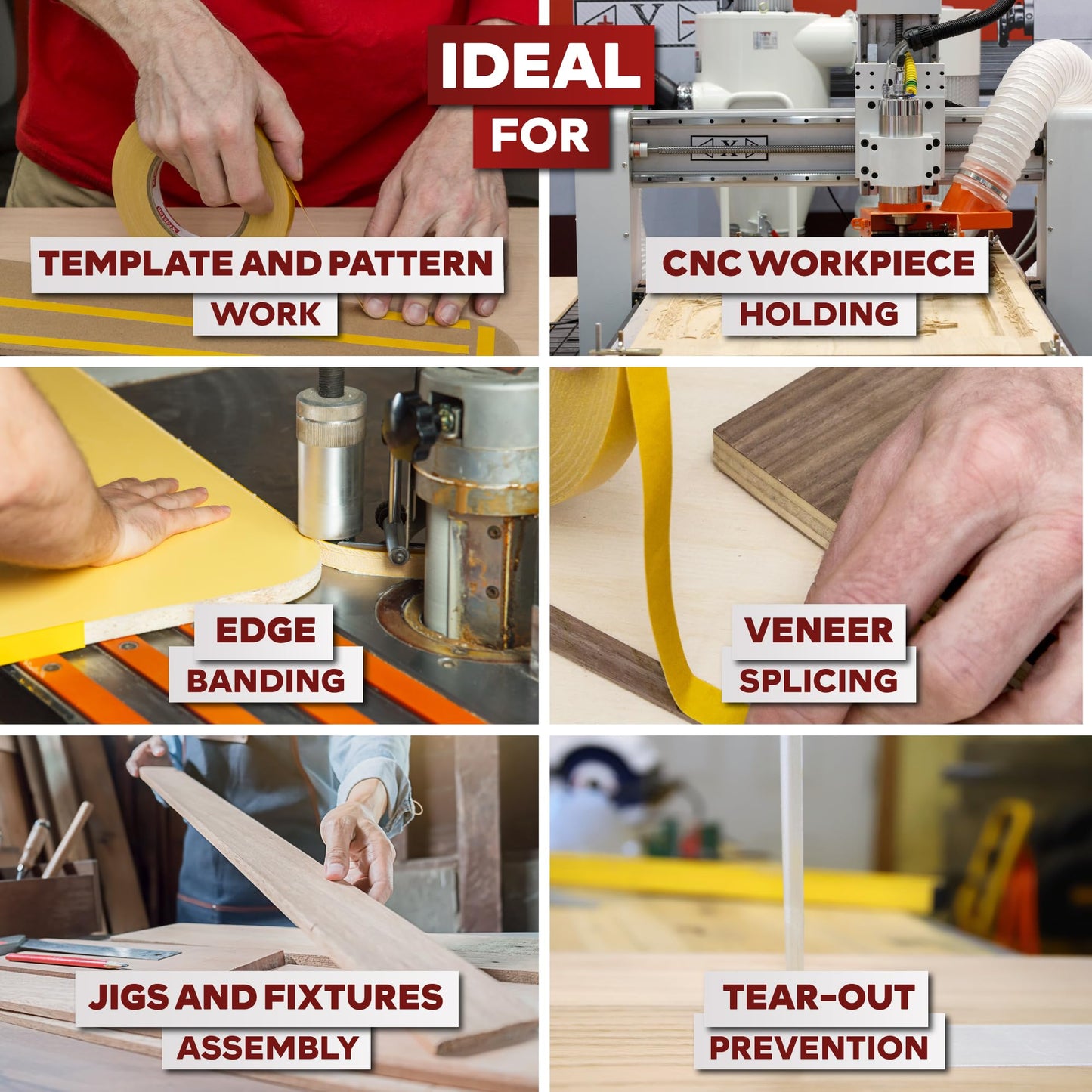 Double Sided Woodworking Tape 1 Inch x 108 Feet , Residue-Free, Removable Double Sided Woodworking Masking Tape for Wood Template, Mounting Boards MDF Edge Banding, Routing, Anchoring