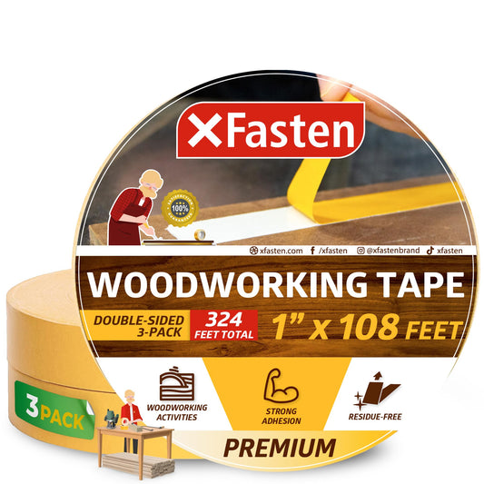 Double Sided Woodworking Tape 1 Inch x 108 Feet , Residue-Free, Removable Double Sided Woodworking Masking Tape for Wood Template, Mounting Boards MDF Edge Banding, Routing, Anchoring