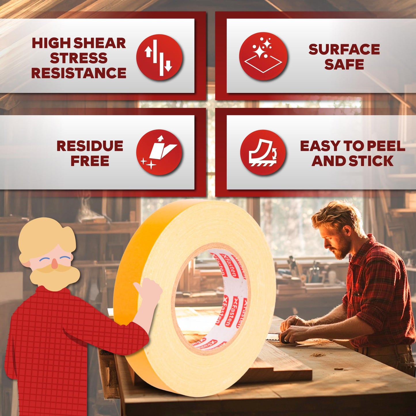 Double Sided Woodworking Tape 1 Inch x 108 Feet , Residue-Free, Removable Double Sided Woodworking Masking Tape for Wood Template, Mounting Boards MDF Edge Banding, Routing, Anchoring