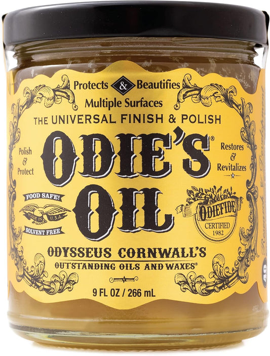 Odie's Oil • Universal Finish for Wood • Leather • Plastic • Vinyl • Metal and More • 9 Ounce Glass Jar • Food Safe and Solvent Free Non Toxic Finish
