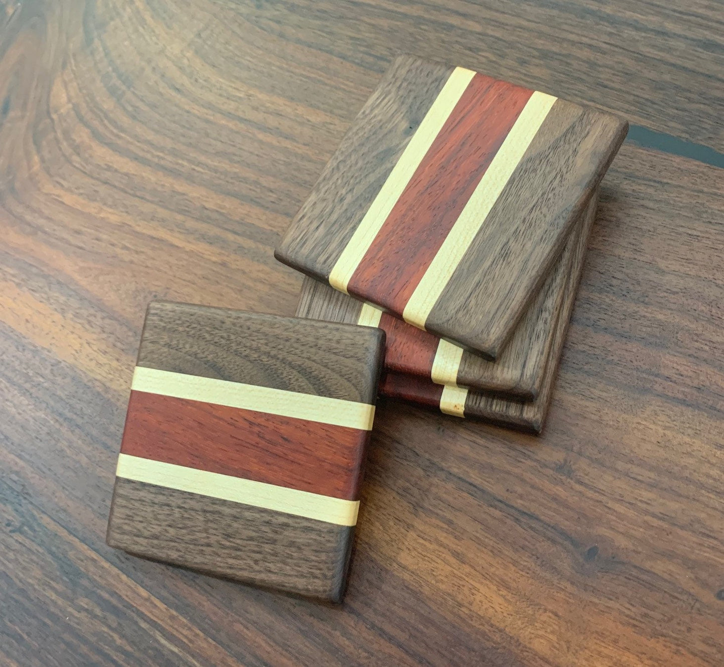 Handmade Luxury wooden coasters, Custom drink coasters, Walnut Padauk Maple coasters